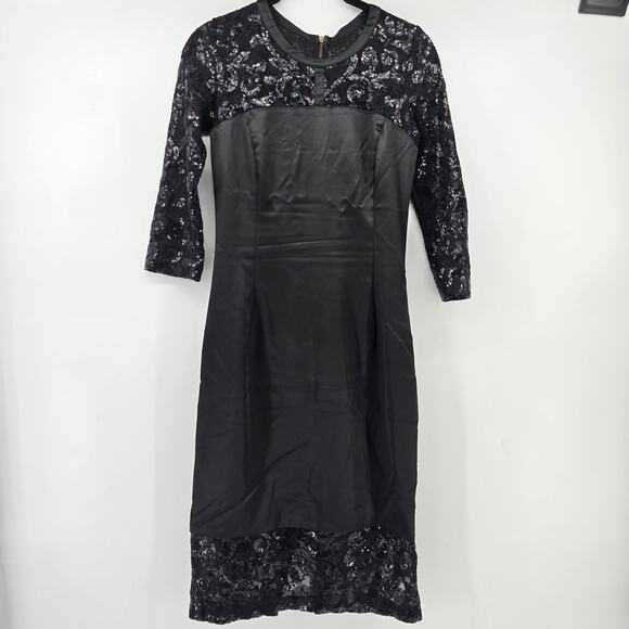 Frankie Morello Dresses & Skirts - Frankie Morello Gala-Ready Glam Black Satin Sequin Lace Sheath Pencil Dress 40